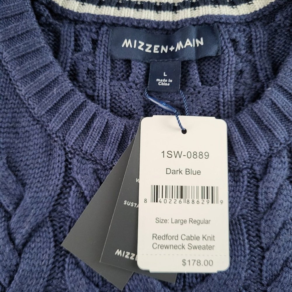 Mizzen + Main Sweater Mens Large Pullover Redford Cable Knit Blue Grandpop NWT - Picture 5 of 8